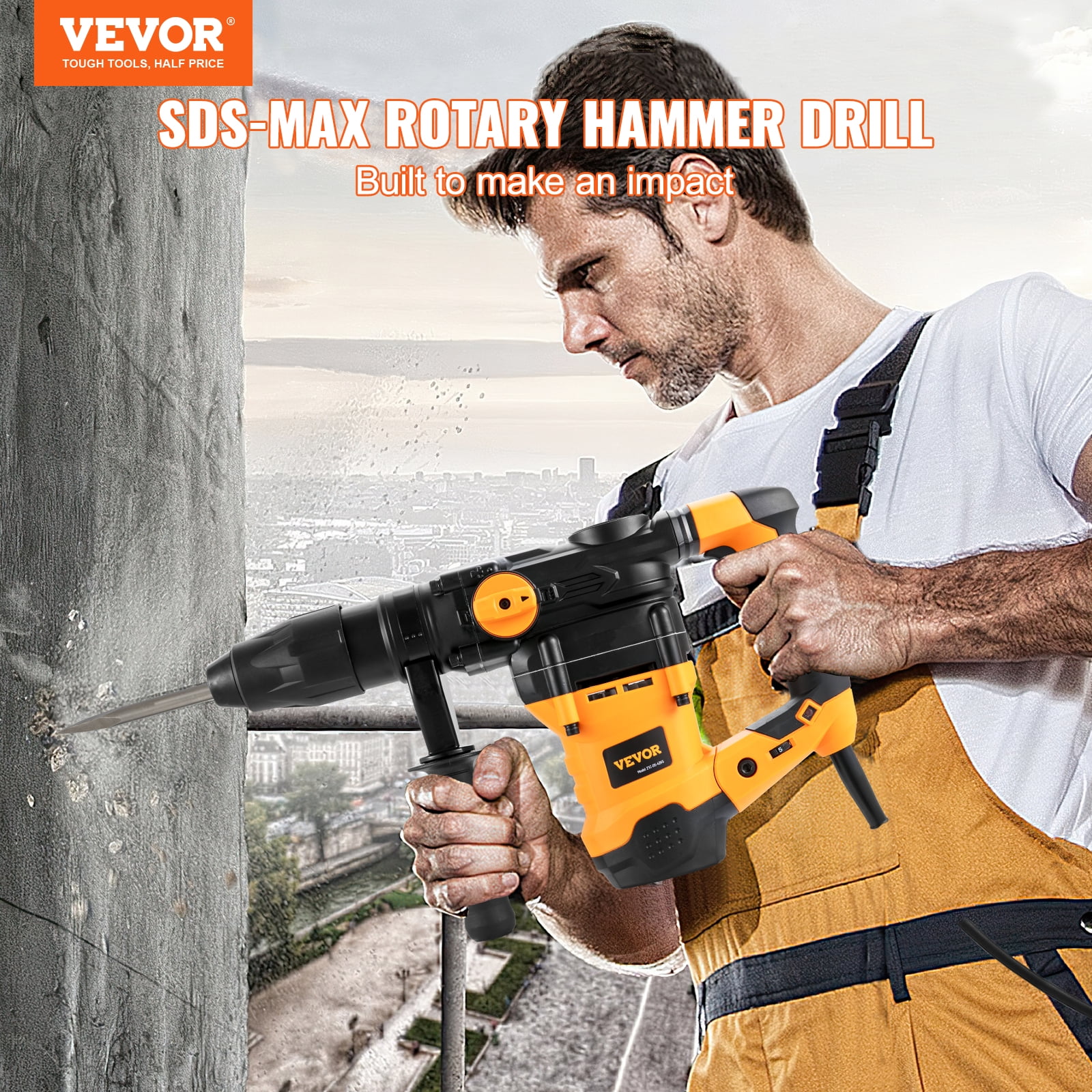 VEVOR 1-9/16 Inch SDS-Max Rotary Hammer Drill, 13Amp Corded Drills, Heavy Duty Chipping Hammers with Vibration Control & Safety Clutch, Electric Demolition Hammers Variable Speed, Power Tool