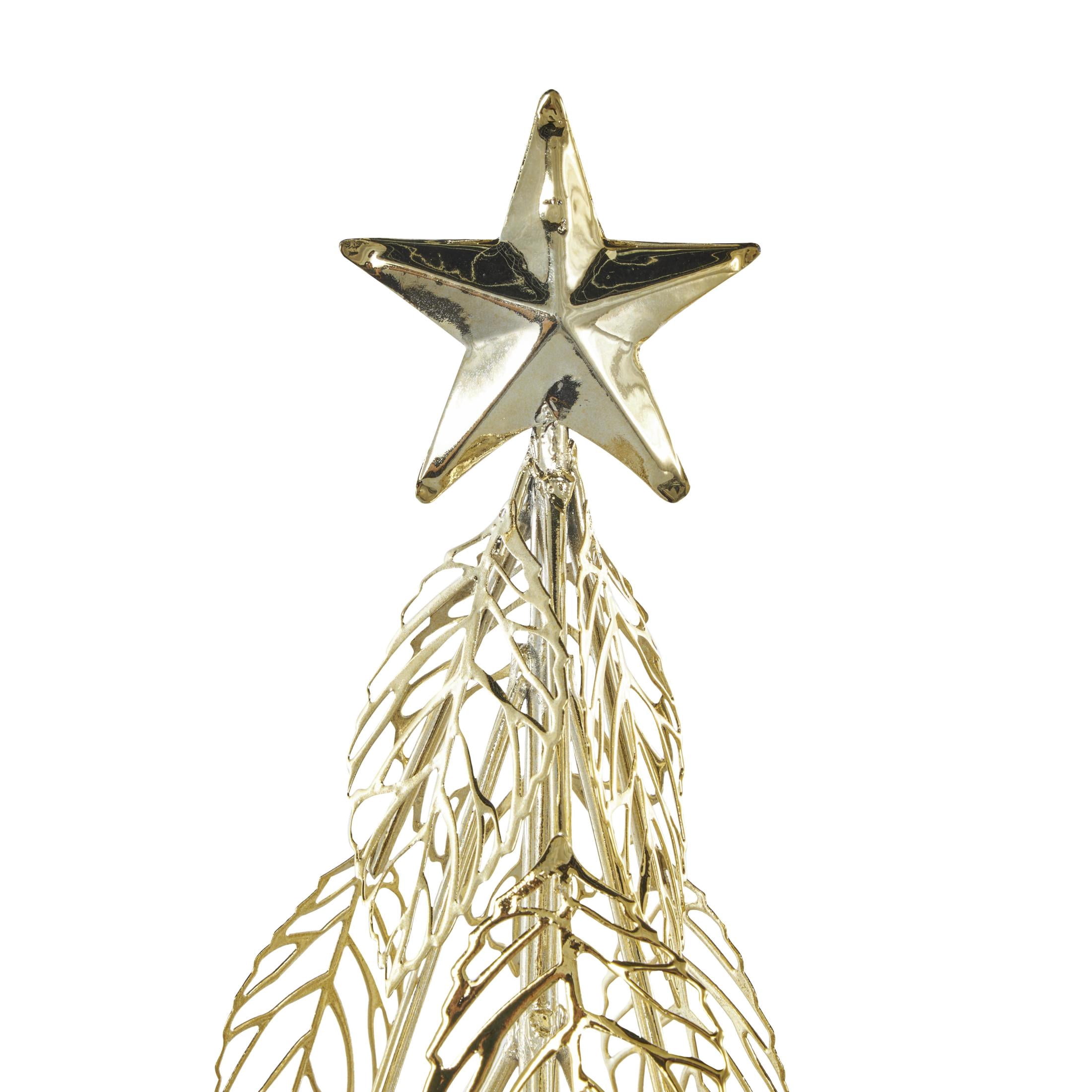 22", 18", 14"H Gold Metal Holiday Cutout Leaf Tree Christmas Sculpture with Wooden Base and Star Topper, by DecMode (3 Count)