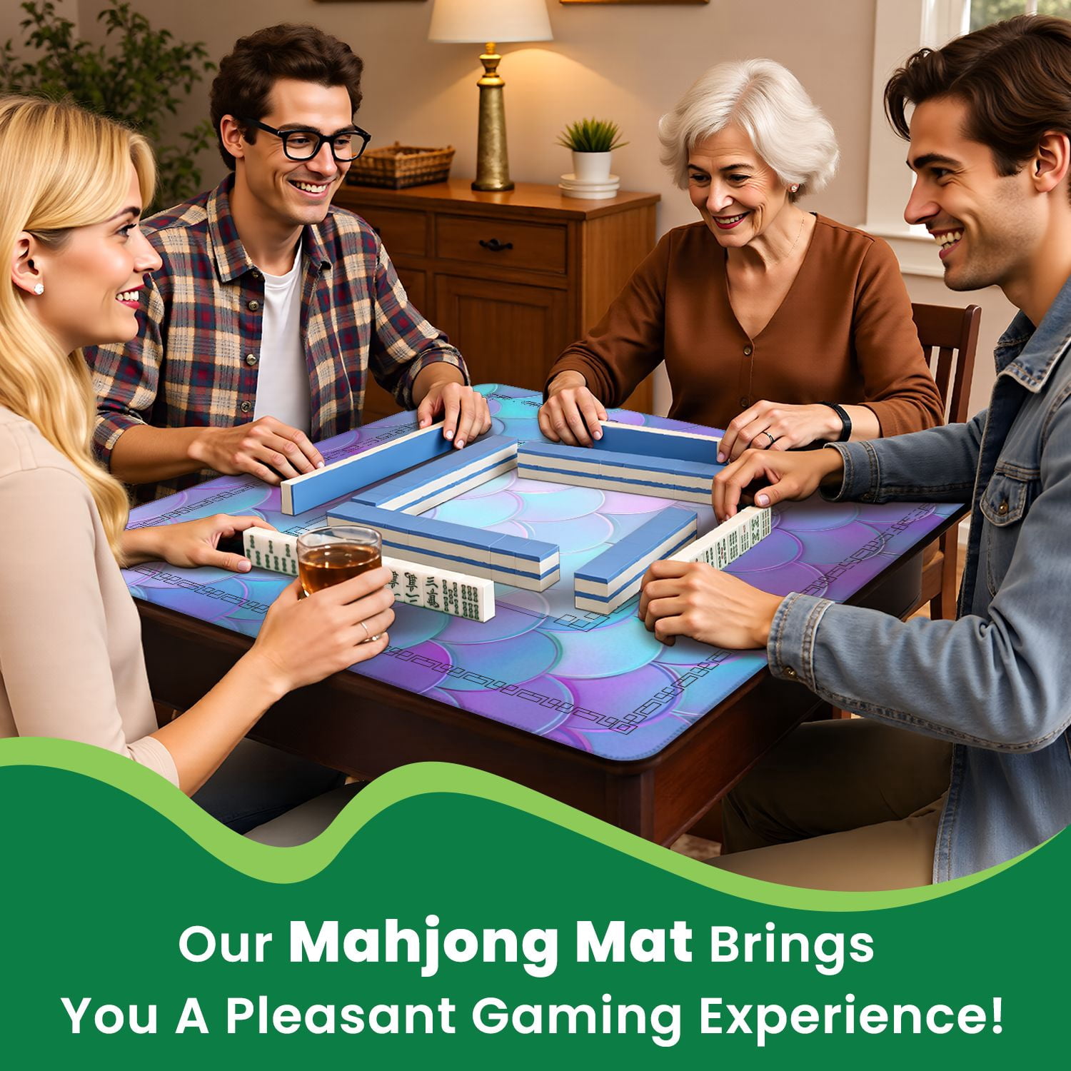 Mahjong Mat 31.5" x 31.5" Cool blue fish scale seamless Non-Slip Noise Reduction American Mahjong Tiles Table Cover for Dominoes Poker Card Board Games Gift