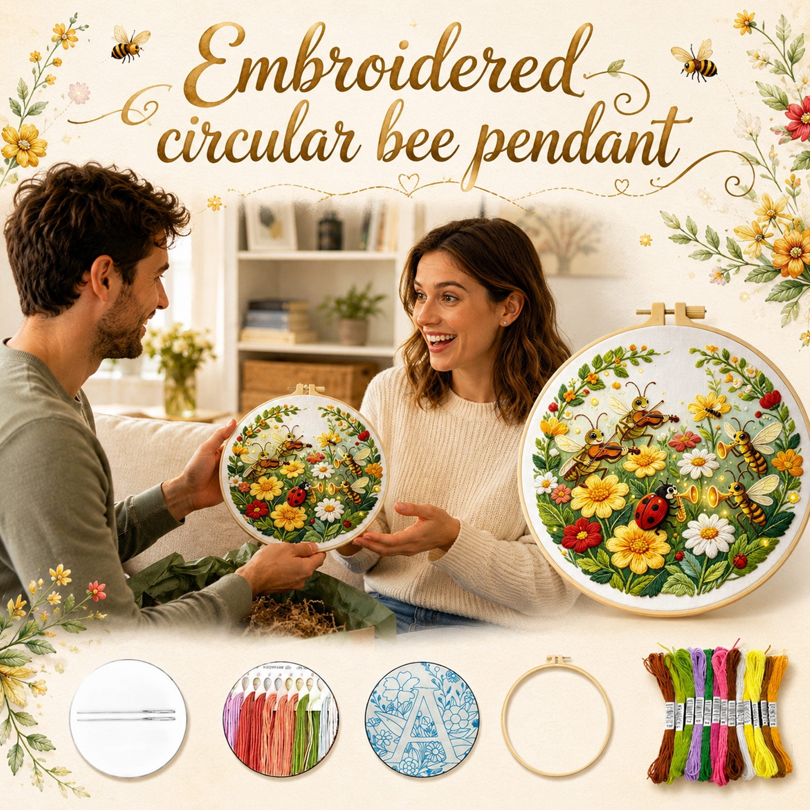 Beginner Embroidery Kit Beginner Embroidery Kit for Adults Embroidery Supplies Arts and Crafts Kit 8 Inch Diameter Insect Concert Stamped Hand Sewing Set Includes Embroidery