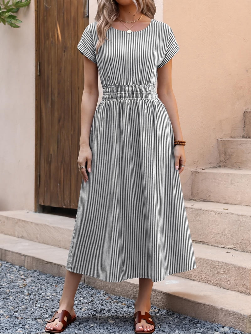 ANRABESS Womens Summer Midi Dress Striped Casual Short Sleeve Crewneck Empire Waist 2026 Flowy Long Beach Dress with Pockets Black White Stripe XX-Large