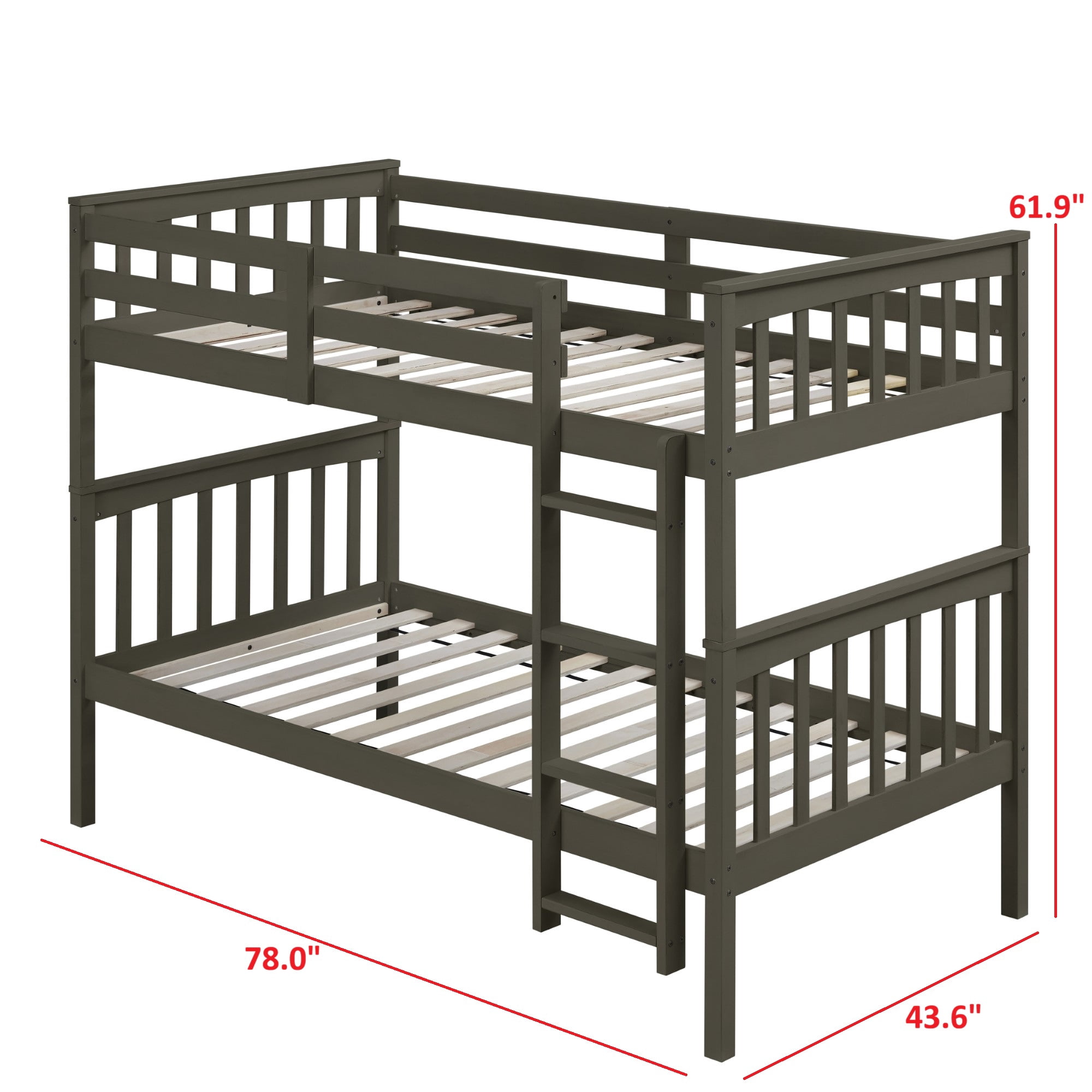 Home Design Ames Twin Over Twin Solid Wood Bunk Bed Frame, Convertible, Sturdy Guardrails, Dark Gray, Easy Assembly