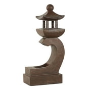 DecMode Indoor/Outdoor Brown Stone Chinese Tower Water Fountain with Lights, 10" x 16"