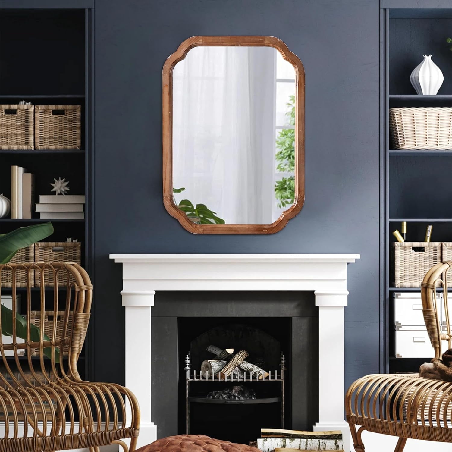 Sintosin Farmhouse Mirrors for Wall Decor 17" x 24", Distressed Wood Frame Bathroom Mirrors for over Sink, Decorative Arched Corner Rectangle Mirror for Home Decor