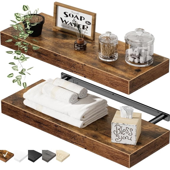 Rustic Brown Floating Bathroom Shelves Set of 2, Wall Mounted Farmhouse Shelves, Heavy Duty 25 lbs Capacity, Space-Saving Display Shelves for Bathroom, Bedroom, Living Room, Kitchen