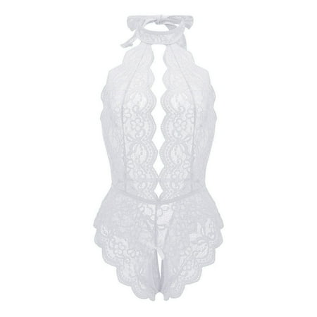 See Through Lingerie for Women Snap Crotch Lingerie Sexy Lace Bodysuit Deep V Teddy One Piece Nightgown White XXL