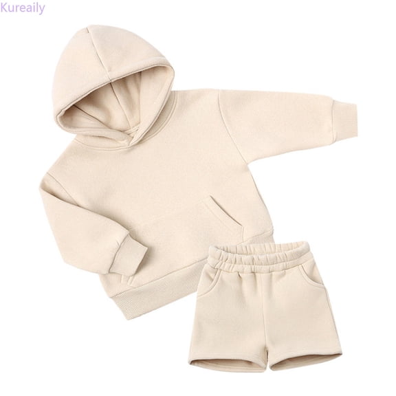 Kureaily Boys Girls 2 Pcs Pullover Hoodie Sweat Suit Unisex Kids Long Sleeve Hoody Tops Elastic Waist Shorts Pockets Set 2-3 Years