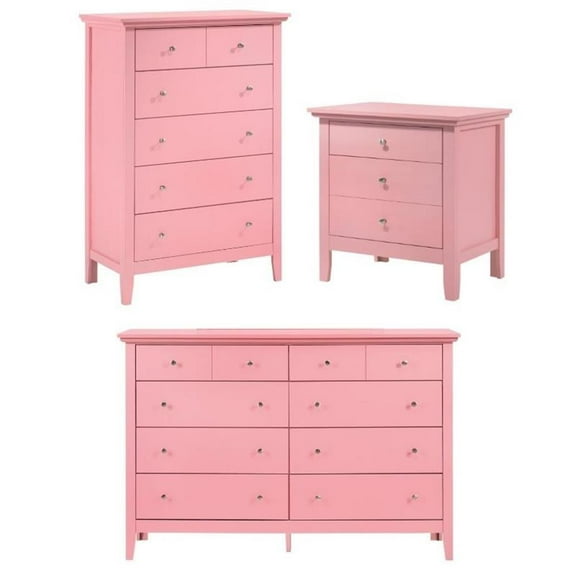 Home Square 3-Piece Set with Dresser Chest and 3-Drawer Nightstand in Pink