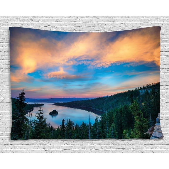 Lake Tahoe Tapestry, High Angle View of Californian Freshwater Lake Tranquil Scene Sundown, Wall Hanging for Bedroom Living Room Dorm Decor, 60W X 40L Inches, Forest Green Sky Blue, by Ambesonne