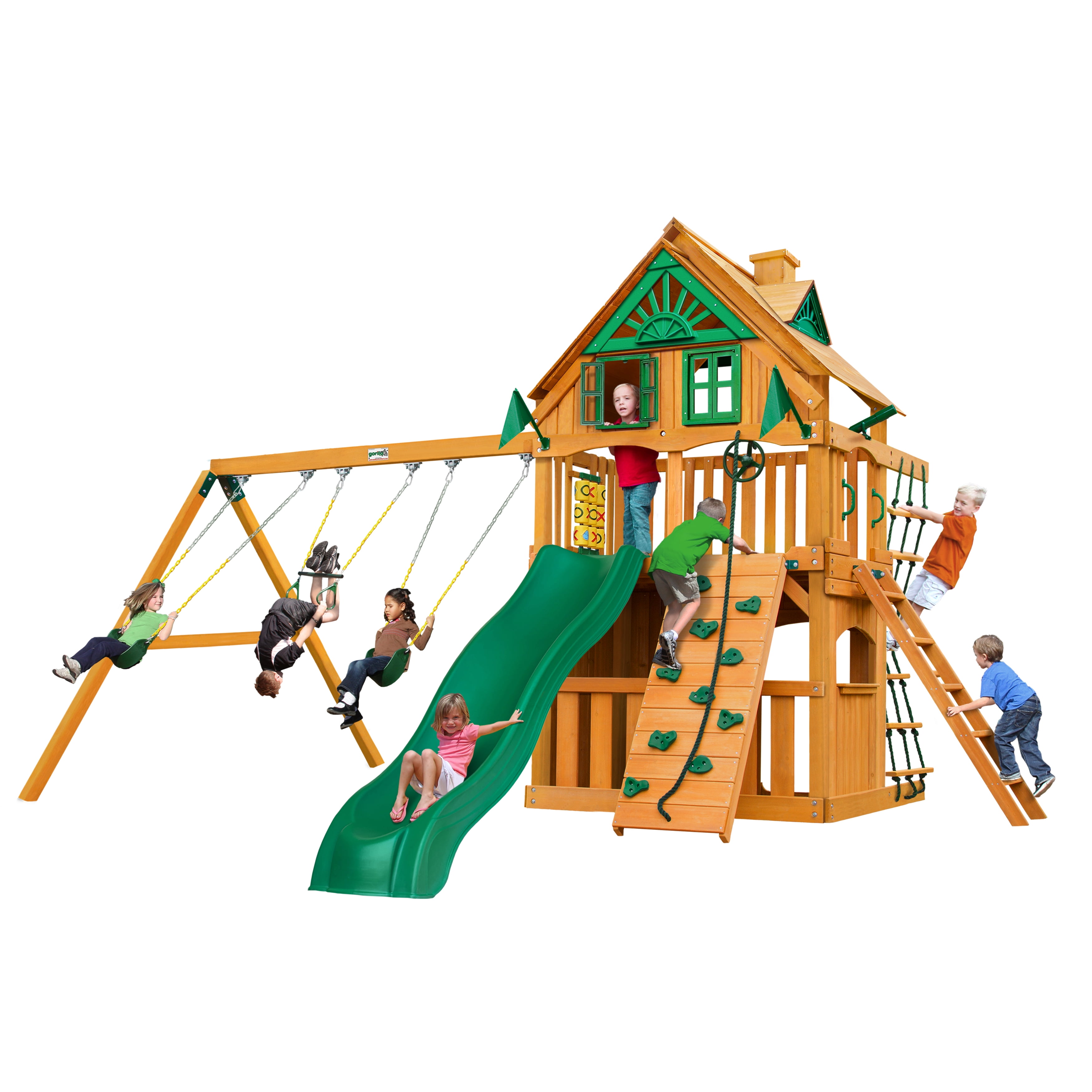 Gorilla Playsets Chateau Clubhouse Treehouse Wooden Swing Set with Rope Ladder and Rock Climbing