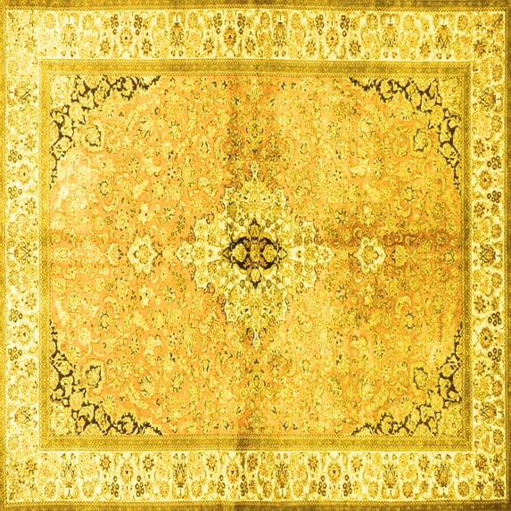 Ahgly Company Machine Washable Indoor Square Medallion Yellow Traditional Area Rugs, 5' Square