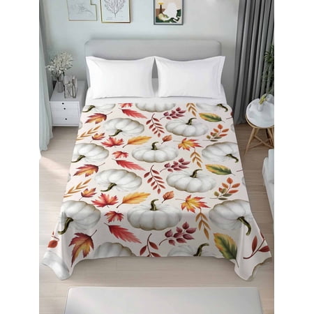 Queen Flat Sheet Only Thanksgiving Pumpkin Fall Maple Leaf Seamless Soft Microfiber Cooling Bedding Sheets Farm Harvest Retro Linen Flat Bed Sheet for Hotel Home Decor