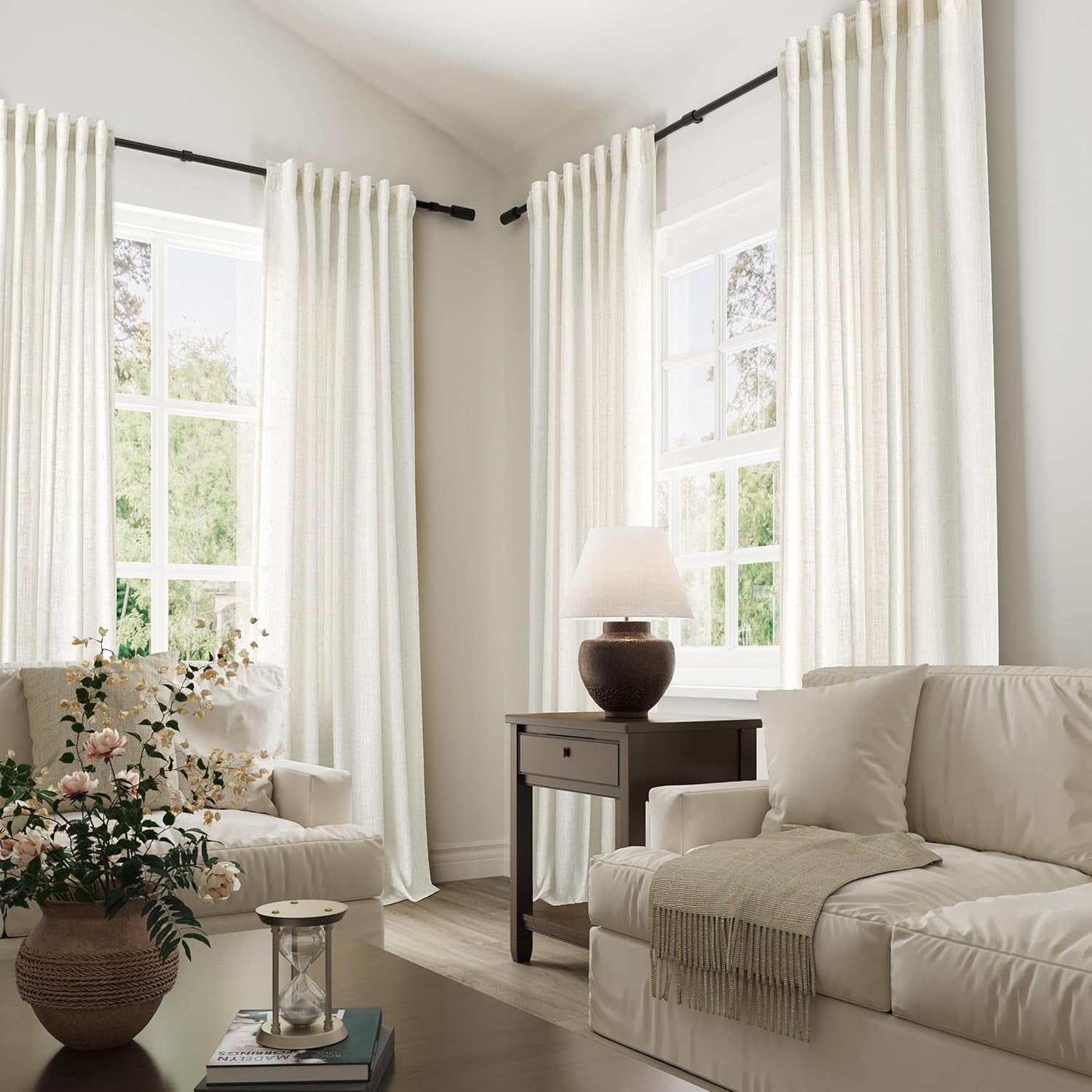 Natural Linen Sheer Curtains for Living Room Bedroom Hook Belt Back Tab Pinch Pleated Light Filtering Ivory White Neutral Boho Modern Farmhouse Linen Drapes 2 Panels