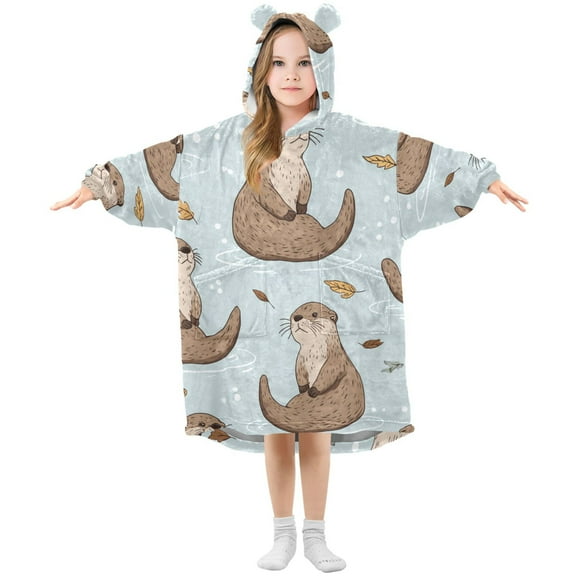 Otters in Water Leaves Flannel Wearable Blankets Hooded Design Long Sleeves Wrap Unisex for 3T-14Y S
