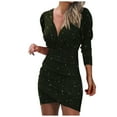 thumbnail image 1 of Robe à Manches Longues pour Femmes Décolleté en V Profond Paillettes Portefeuille Froncée Robe de Boîte de Nuit à Manches Longues, 1 of 1