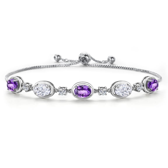 Gem Stone King 4.05 Cttw Purple Amethyst and White Moissanite Bracelet for Women | 925 Sterling Silver | Gemstone February Birthstone | Oval Checkerboard 7X5MM | Fully Adjustable 10 inch