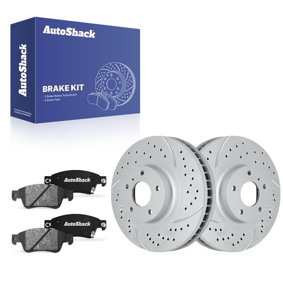 AutoShack Front Vented Drilled & Slotted Coated Brake Rotors Silver Matte Finish   Ceramic Pads 6-PC Brake Kit Replacement for 2009-2010 INFINITI G37 TurboGuard 12.57" (319.3 mm)