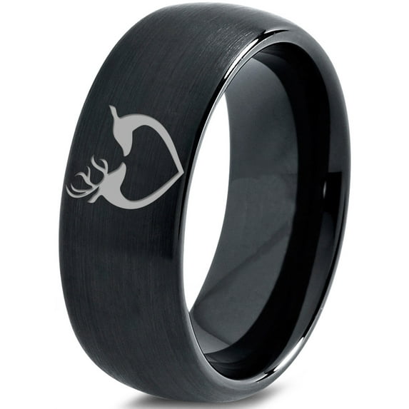 Tungsten Deer Love Band Ring 8mm Men Women Comfort Fit Black Dome Brushed Polished