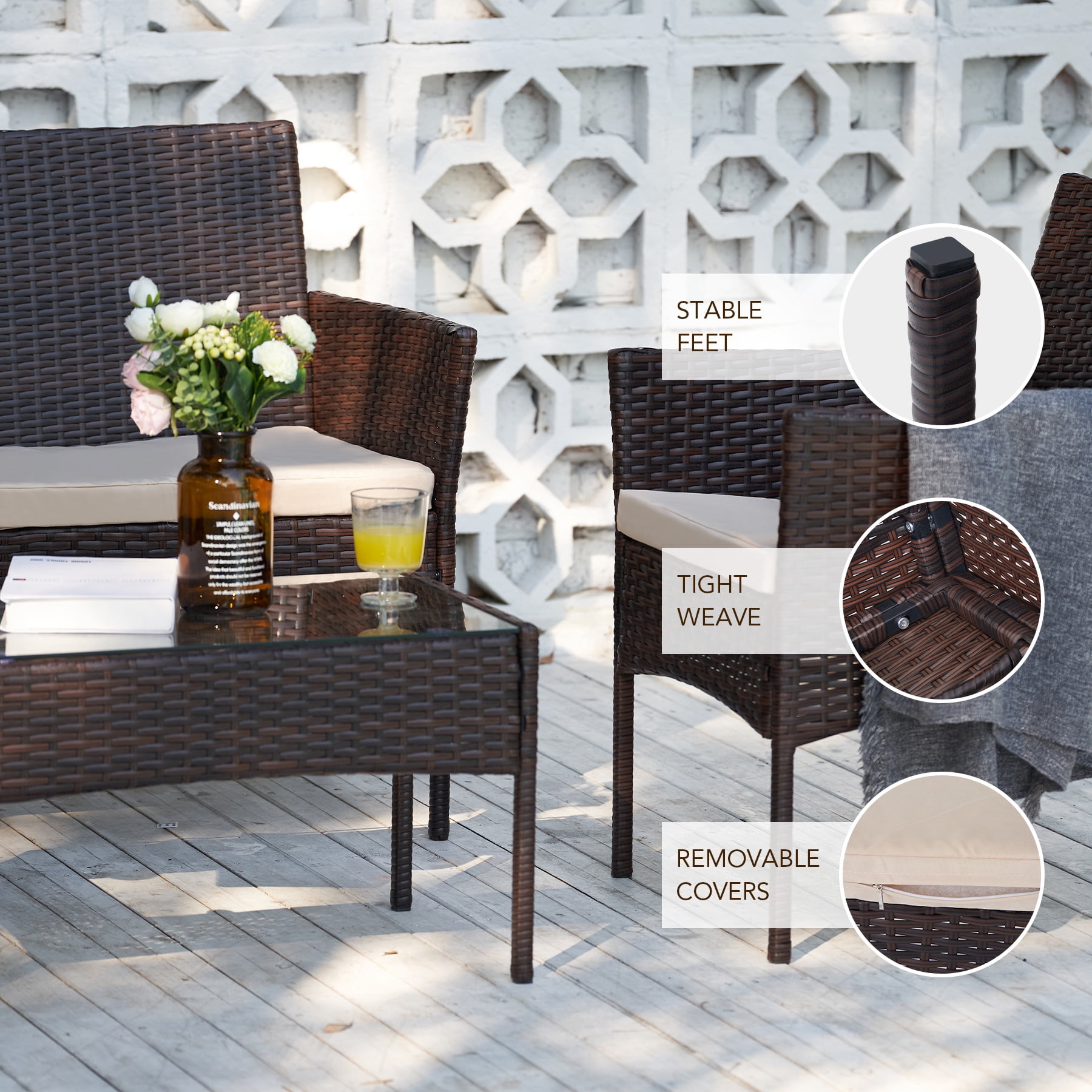 Preenex 4 Pieces Patio Chair Garden Furniture Set for Backyard Lawn Porch Poolside Balcony with Coffee Table, Walnut & Beige