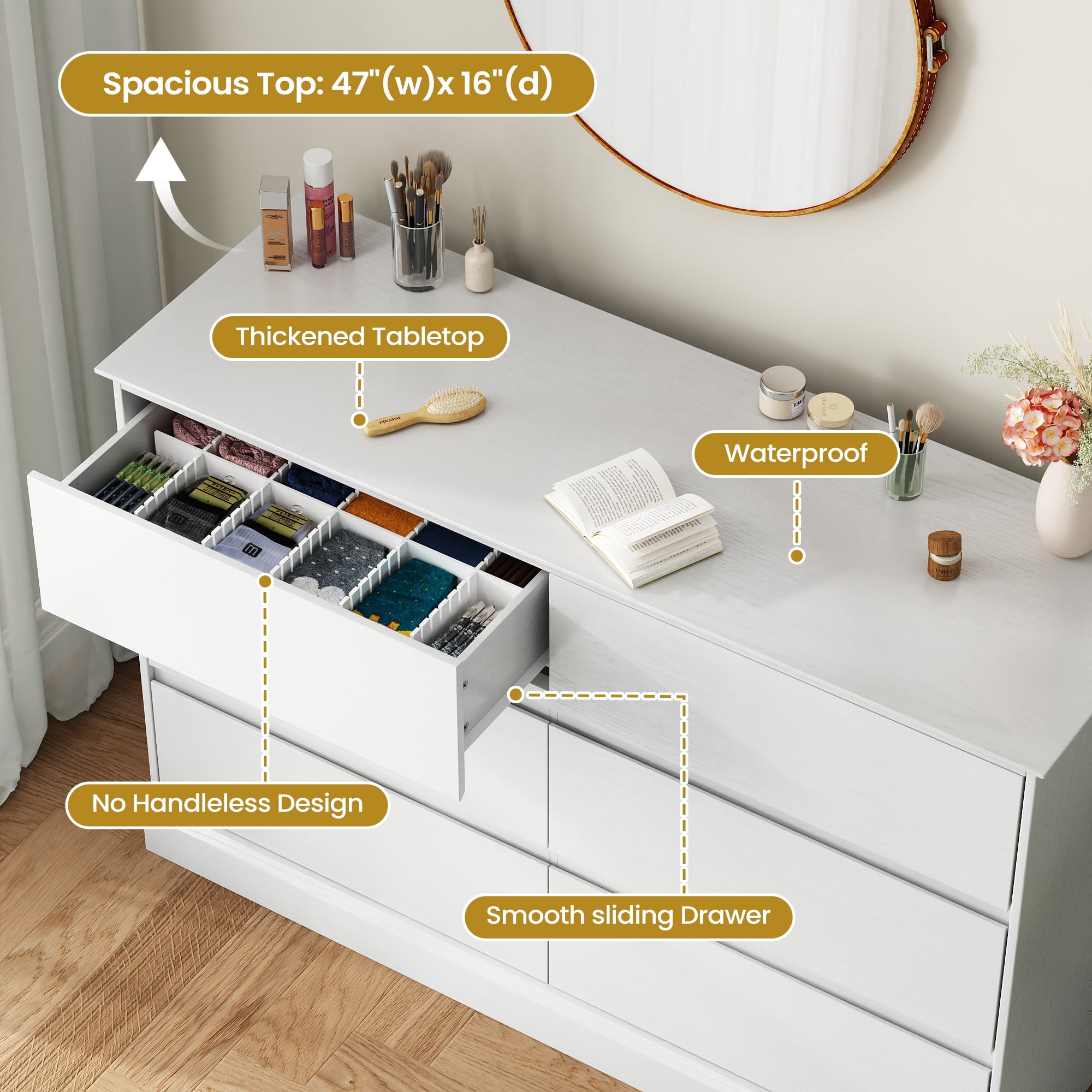 6 Drawer Dresser for Bedroom, White Dresser Double Chest of Drawers, Modern Wood Dressers with Deep Drawers for Living Room,White