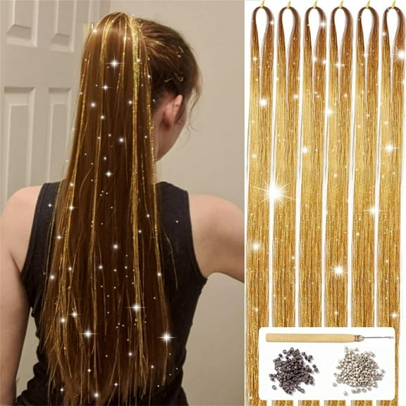 1200 Strands Hair Tinsel Extensions,Silver Glitter Tinsel Hair Extensions Straight Shiny Hair Strands Long Sparkling Hair Extension Fairy Hair Accessories for Girls Kids Women Party,Gold