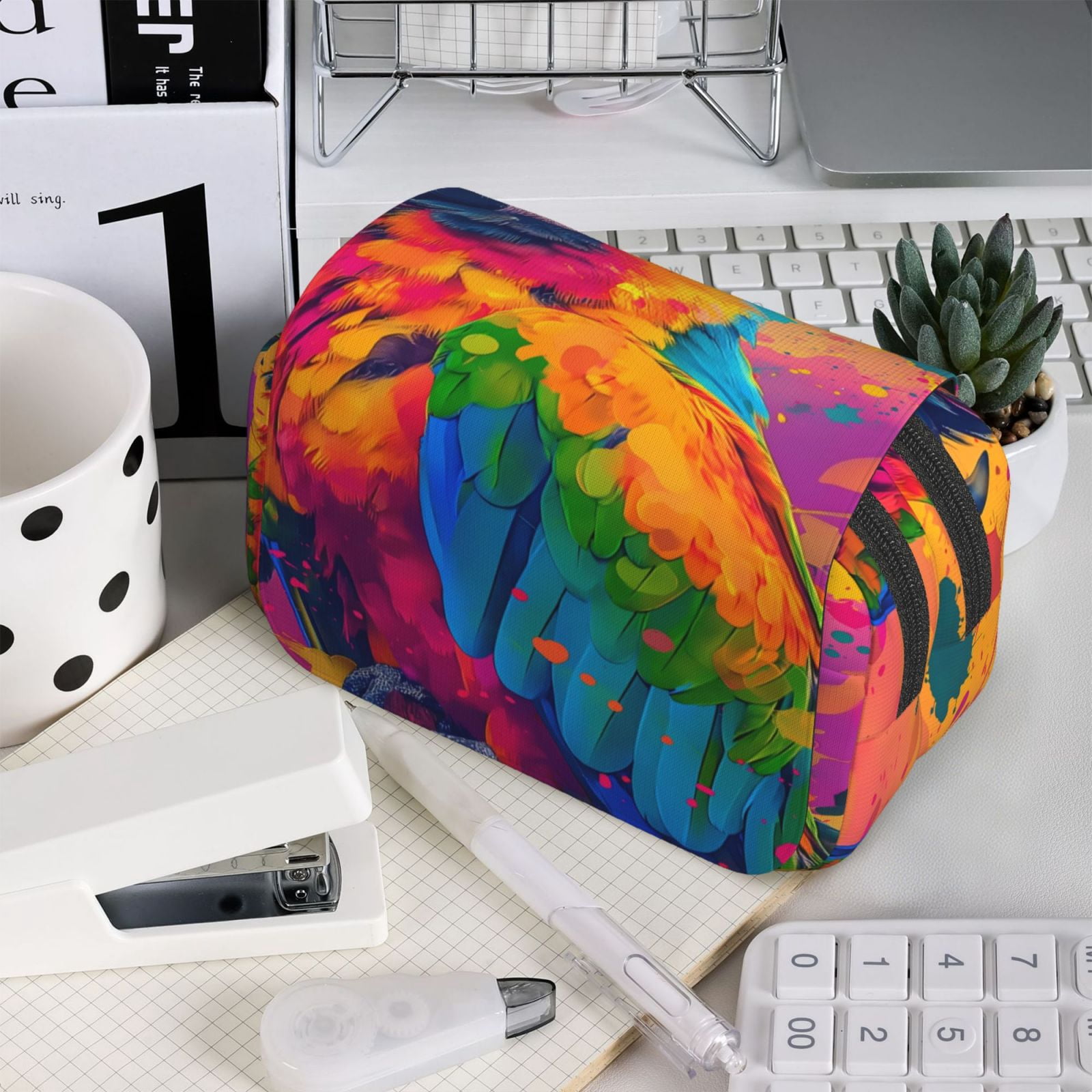 Rateoe Colorful Parrot Jungle Dream A Pattern Double Clamshell Pen Case, Storage Organizer with Two Zipper Compartments– Holds Up to 50 Pencils & Pens