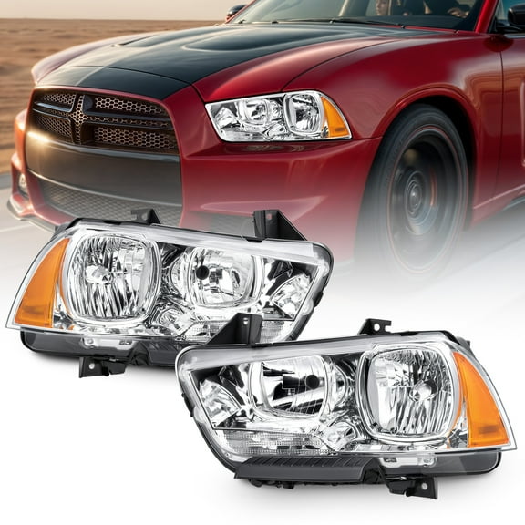 Headlights for 2011-2014 Dodge Charger Chrome Housing & Amber Side Marker LH&RH