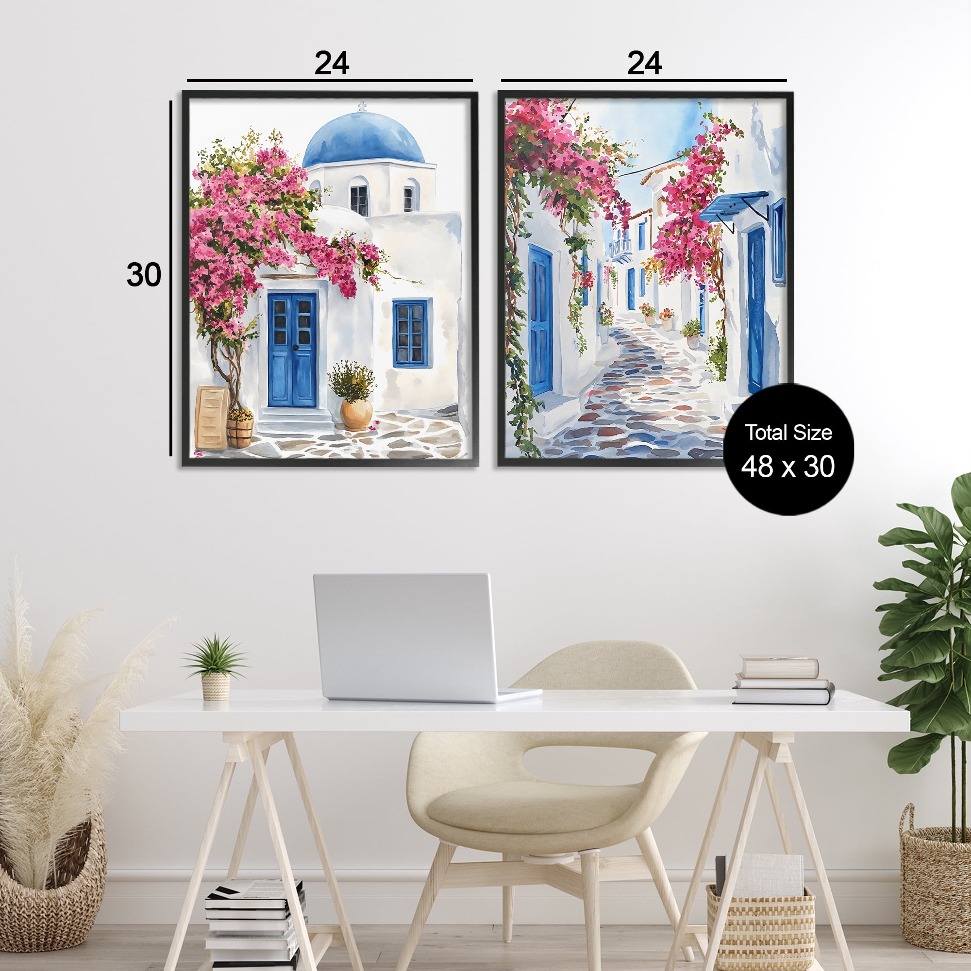 Stupell Industries Santorini House with Pink Tree 2 Piece Black Framed Giclee Art Set, design by LSR Design Studio