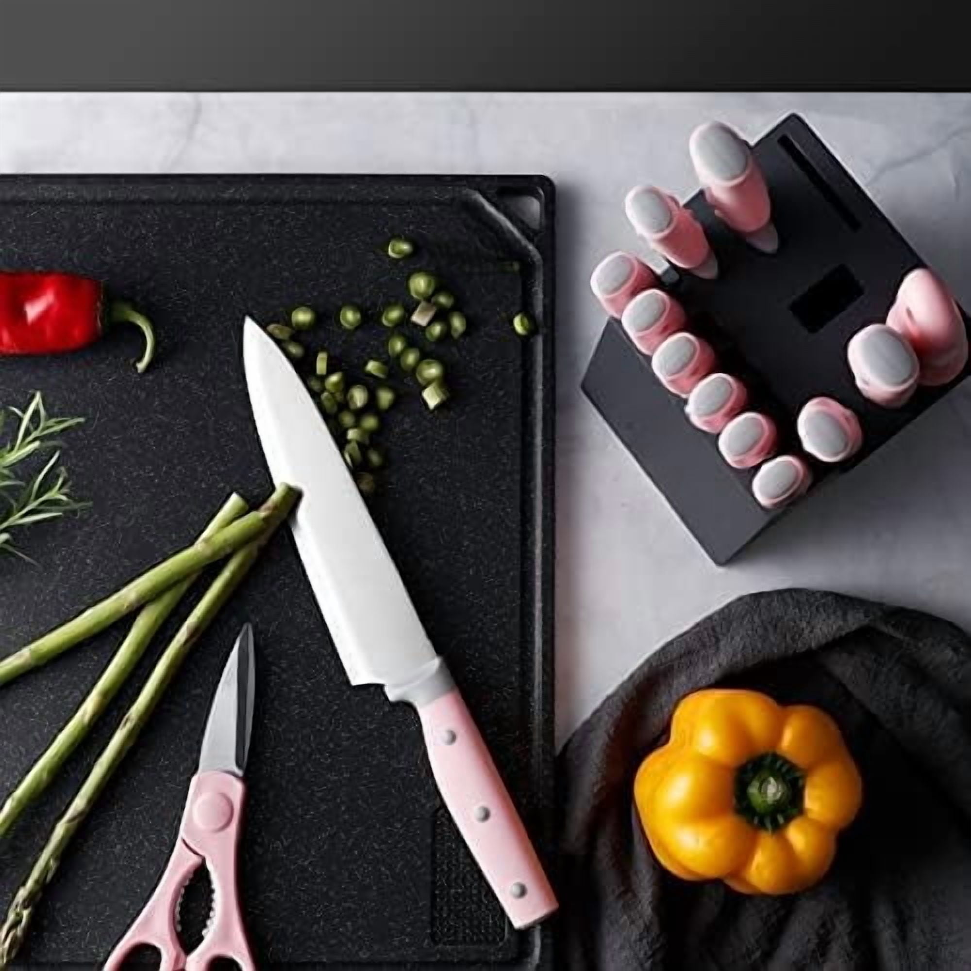 Kitchen Knife Block Set, 14 Pieces Knife Set with Wooden Block & Sharpener Steel & All-purpose Scissors, High Carbon Stainless Steel Cutlery Set (Pink)