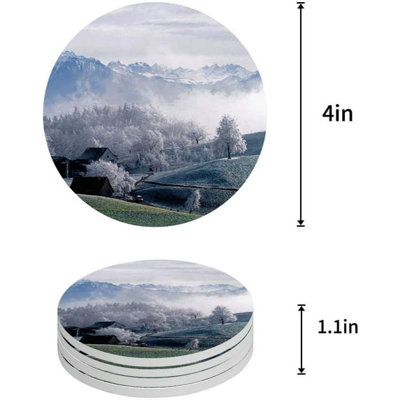 FMSHPON Mountain and Trees Oil Painting Style Set of 4 Round Coaster for Drinks, Absorbent Ceramic Stone Coasters Cup Mat with Cork Base for Home Kitchen Room Coffee Table Bar Decor