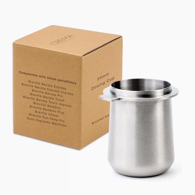 Productos De Café Crema | Vaso dosificador de 54 mm | Plata cepillada | 100% Acero Inoxidable | Taza dosificadora de café expreso | Se adapta a portafiltros Breville de 54 mm.