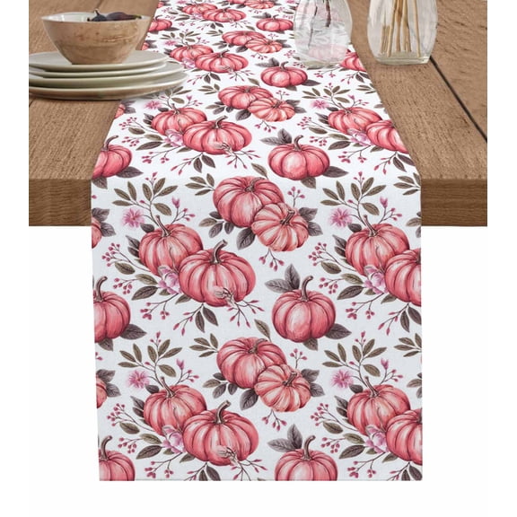 ERUNPONLY Pink Pumpkin Table Runner - 120 Inch Long Thanksgiving Autumn Fall Leaf Flower Cotton and Linen Blended Dress Scarves Farmhouse Table Runner for Kitchen Dining, Coffee Table, 13"x120"