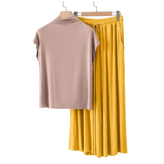 ylioge Pajama Sets for Women 2 Piece Modal-Loungewear Outfits with Pockets Womens Casual Solid Color Cap Sleeve Tops Wide Leg Pants Homewear Pajamas