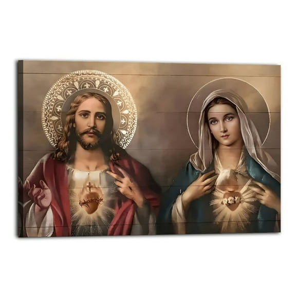 Christian Faith Wall Art Canvas Print, Sacred Heart Jesus And Mary Poster Wrapped Wooden Frame Wall Decor,,Canvas Wall Art for Living Room,Bedroom,Office,Ready to Hang
