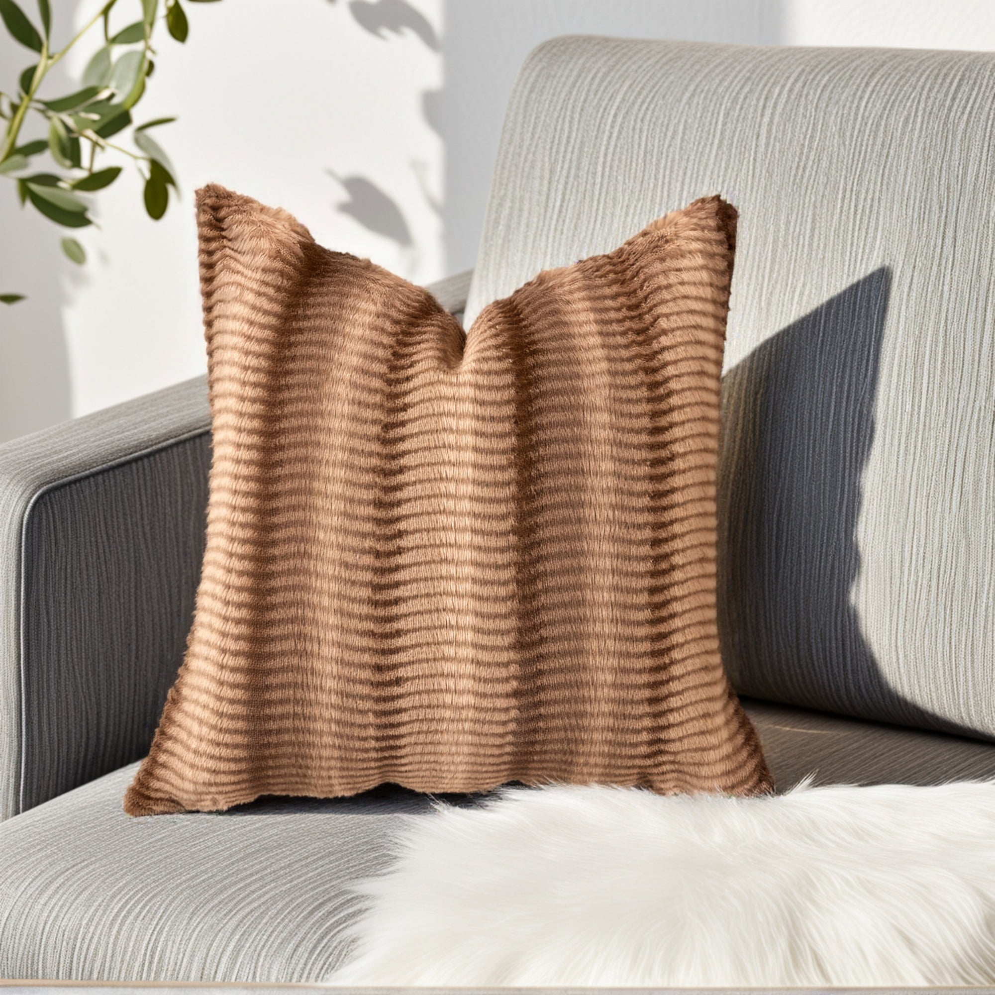 Unique Bargains Pack of 2 Plush Striped Pillow Covers 18" x 18" Tan Brown
