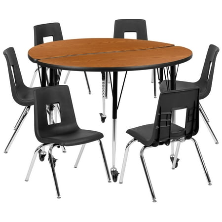 UPC: 0889142933953 | Flash Furniture Emmy Mobile 47.5 Circle Wave Flexible Laminate Activity Table Set with 18 Student Stack Chairs Oak/Black