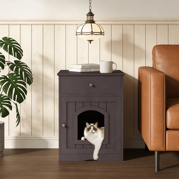 Cat Litter Box Enclosure with Drawer, Wooden Side Table Nightstand Indoor Pet Crate 18.9" x 20.9" x 25" Holds 160 lbs Top 120 lbs Inside, Hidden Cat House for Small Spaces, Coffee Brown