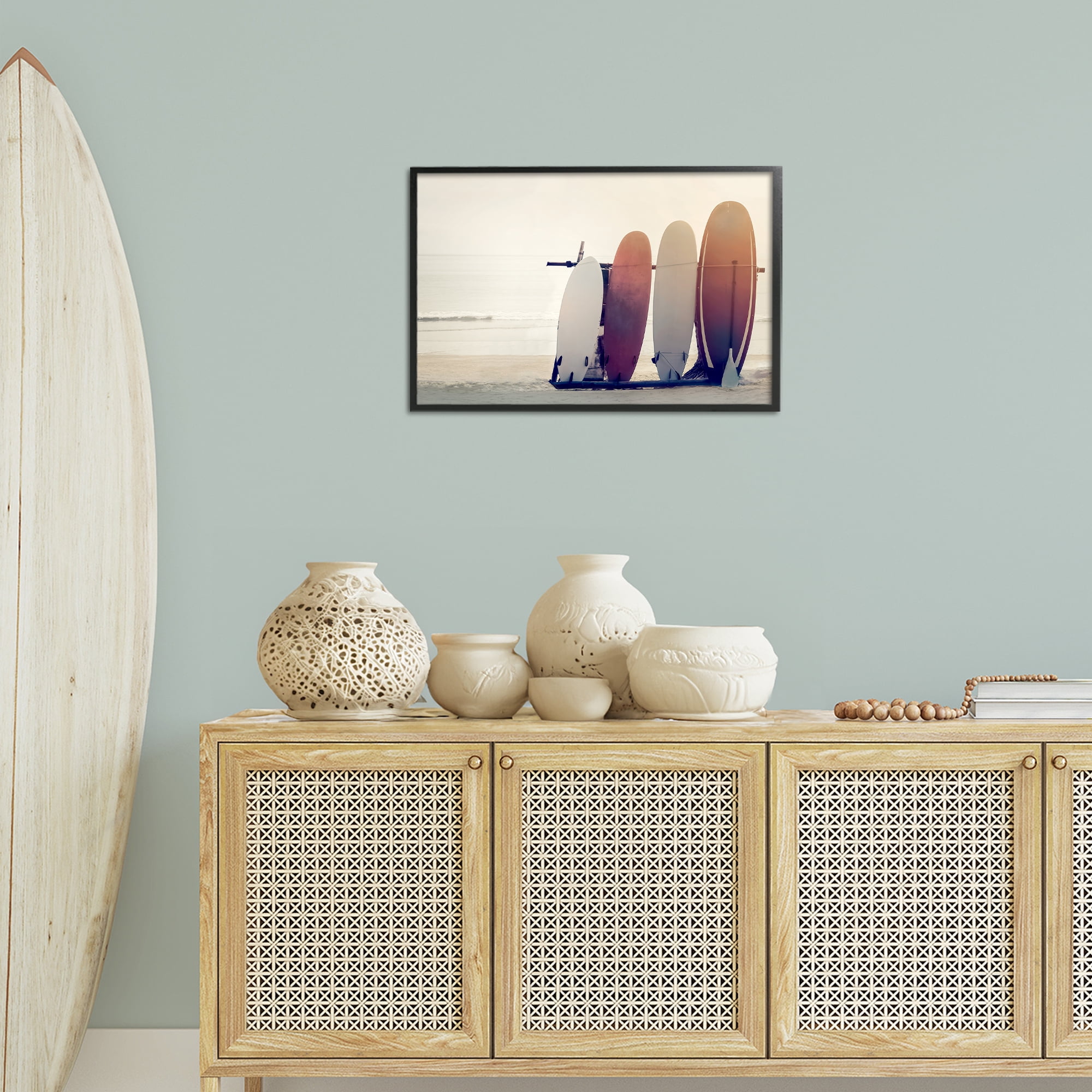 Stupell Industries Beach Surfboards Leaning Landscape Photography Black Framed Art Print Wall Art, 24 x 16