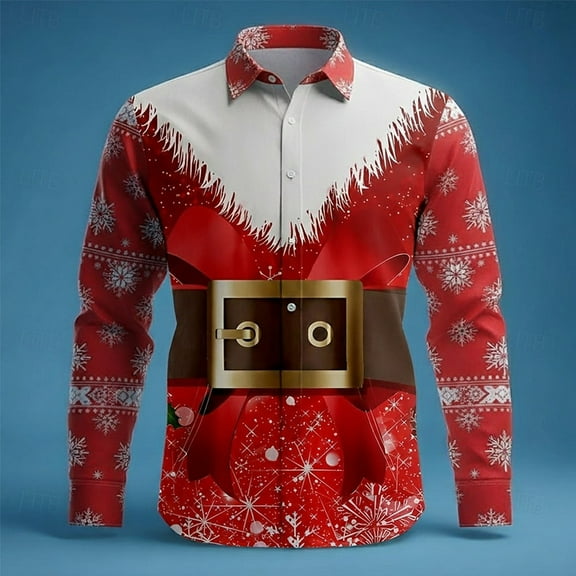 Fznquz Collared Mens Button Up Shirts Christmas Long Sleeve Red Shirt Trendy Winter Xmas Print Mens Clothes