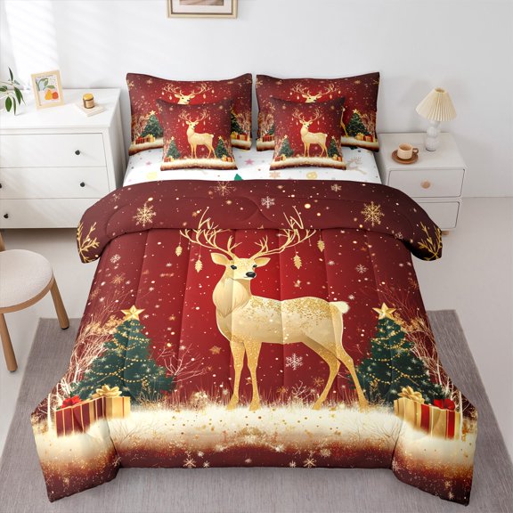 Castle Fairy Teenagers Golden Deer 7-Piece Twin Bedding Sets,Festival Xmas Bedding Comforter Set,Sparkling Sequin Breathable Sheet Sets,Microfiber Bedroom Decor