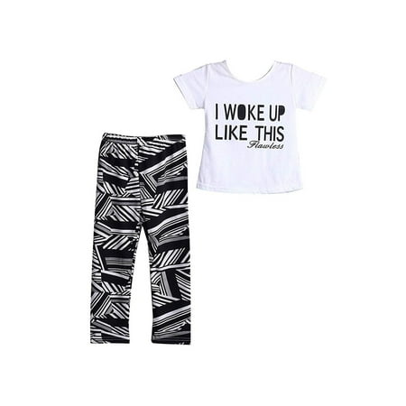 

Baby Child Girls Zebra-stripe Outfits Letter Print T-shirt + Long Pants Set Summer Casual Clothes Sets