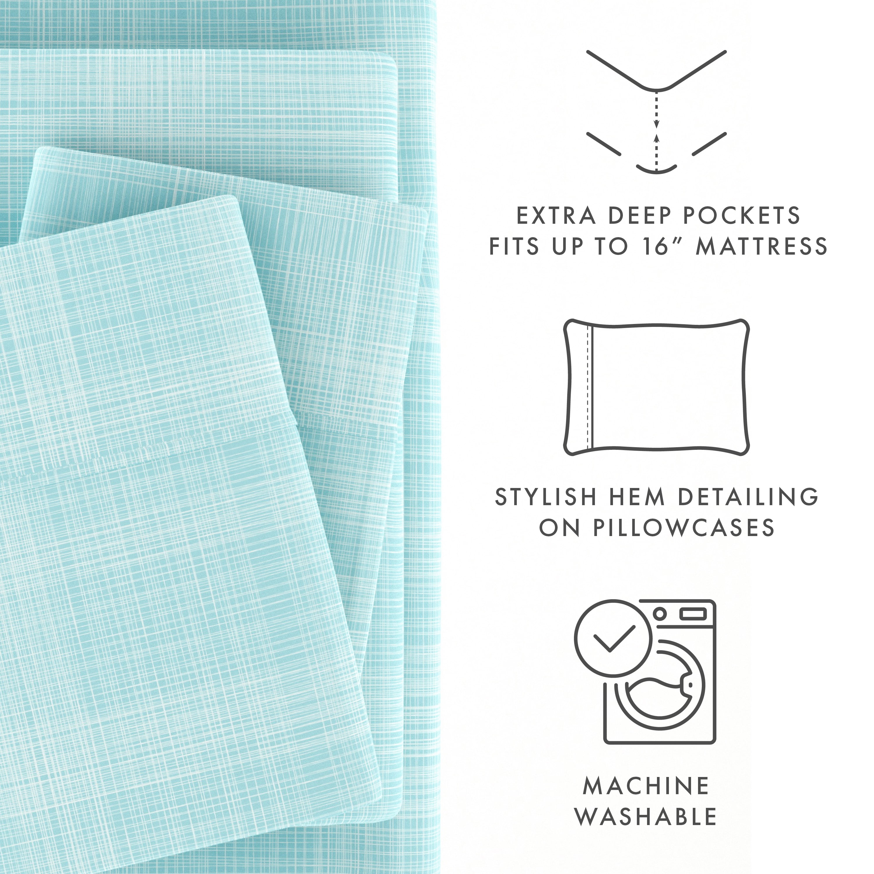 Noble Linens 4 Piece Pattern Microfiber Bed Sheets Set, Aqua Thatch, California King
