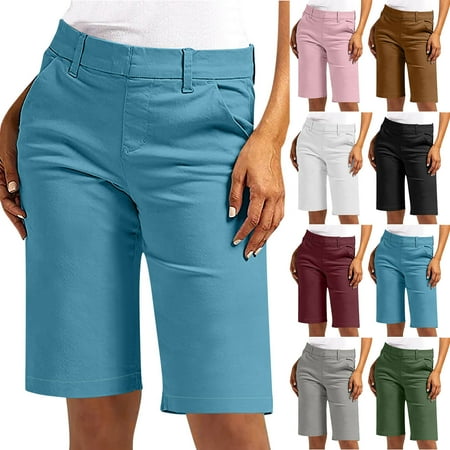 HVOBTTY Summer Women s Casual Elastic Waist Solid Color Twill Fabric Slim with Pockets Hiking Knee Length Shorts Gray XXXXL
