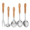 thumbnail image 1 of 5 utensilios de cocina: cucharas, cucharones y tenedores de acero inoxidable con mango de bambú. Antiadherentes y resistentes al calor para acampar en casa., 1 of 5