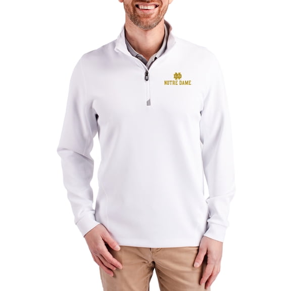 Men's-Cutter & Buck White Notre Dame Fighting Irish DryTec Traverse Stretch Eco Tri-Blend Quarter-Zip Pullover