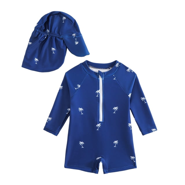 AWZXDE Boys Swimsuit Summer Long Sleeve Rash Guard Swim Shirt with Matching Swim Trunks and Sun Cap Set Cartoon Print 1M-3Y