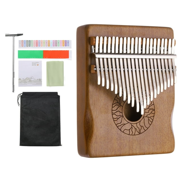 Unique Bargains 21 Keys Thumb Piano, Deep Brown Mini Portable Finger Piano Solid Koa-Wood Flower Pattern Handrail