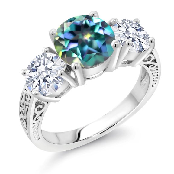 Gem Stone King 5.00 Cttw Round Millennium Blue Mystic Topaz 3-Stone Ring for Women | 925 Sterling Silver | Three Stone Wedding Engagement Anniversary Promise Ring for Women | Size 5