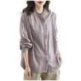 thumbnail image 3 of YUEHUA Women's Linen Blend Ruffle Trim Button Up Shirt, High Neck Long Sleeve Loose Fit Blouse, Vintage Style Casual Top, 3 of 8