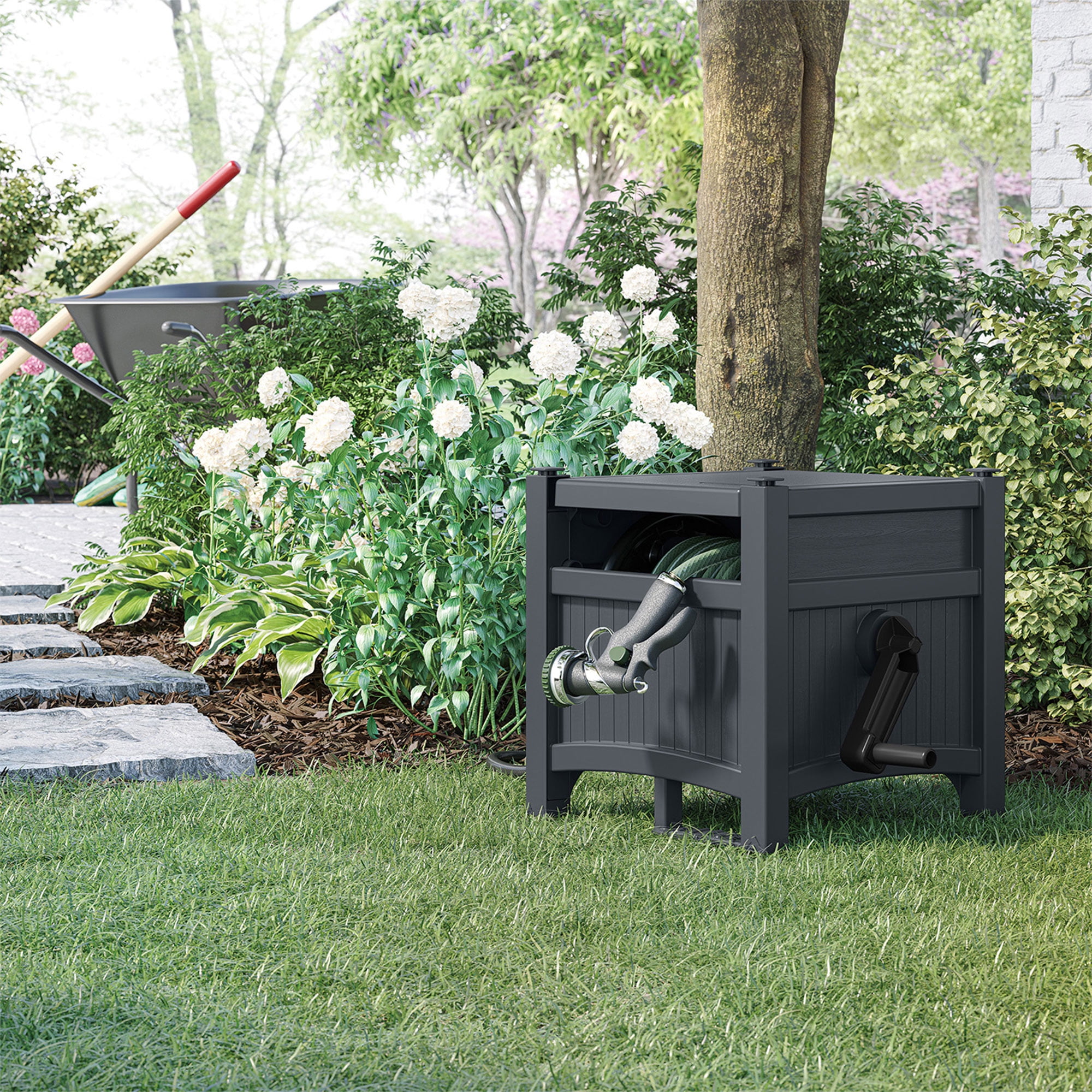 Suncast 100' Resin Garden Hose Reel & Hideaway Outdoor 33 Gal Garbage Bin, Cyberspace